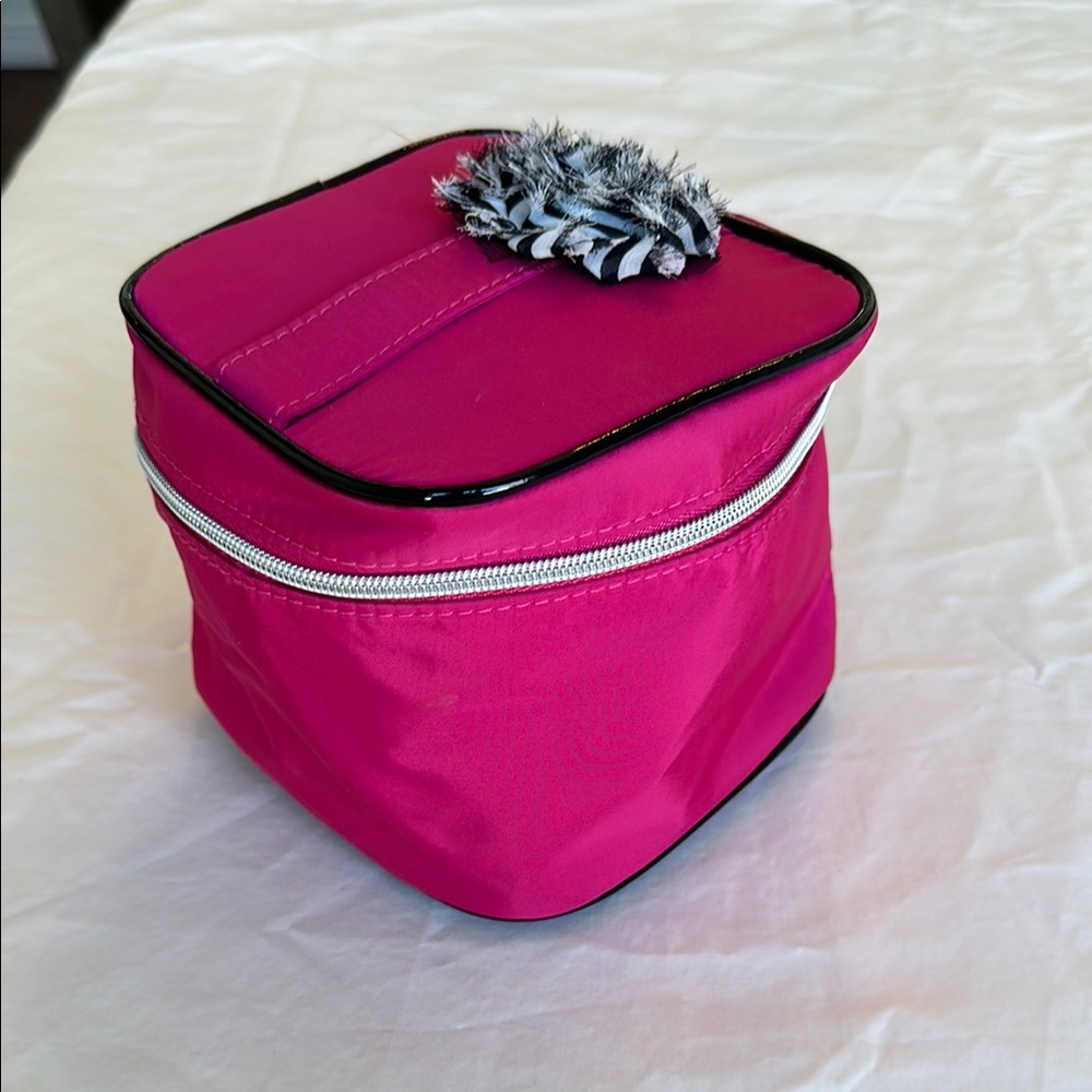 BRAND NEW, NEVER USED! Lancôme Pink Cosmetic Bag with Zebra Pom Pom. Cube shape